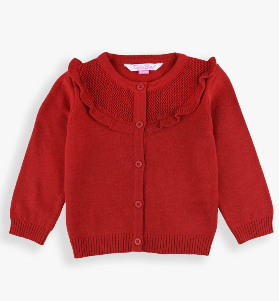 Classic Red Sweater Ruffle Trim Cardigan