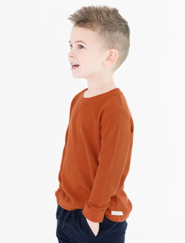 Rust Waffle Knit Long Sleeve Crew Neck Shirt