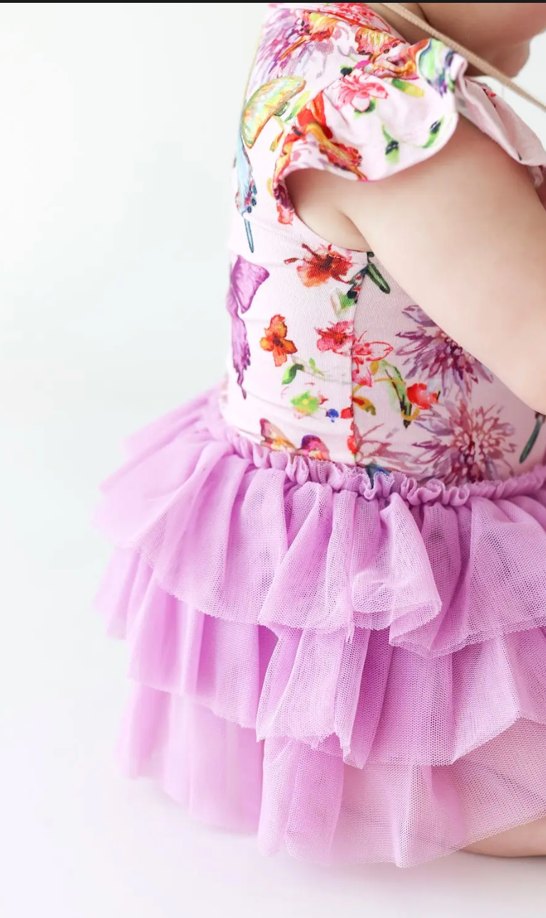 Posh Peanut Watercolor Butterfly Ruffled Tulle Skirt Bodysuit