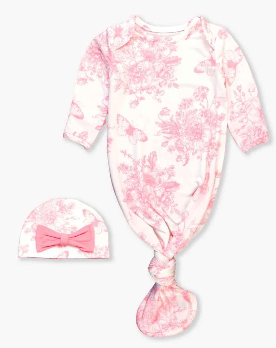 RB Butterfly Garden Toile Ruffle Knotted Sleep Gown & Hat Set