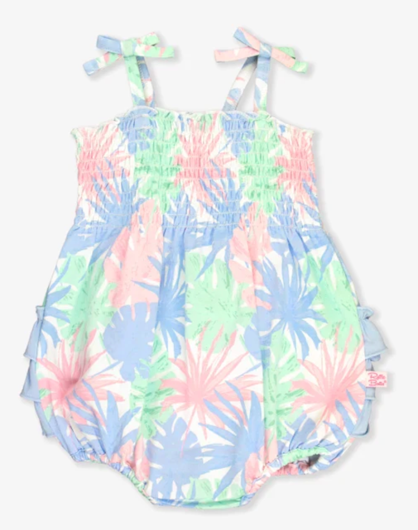 Pastel Palms Smocked Tie Knit Bubble Romper