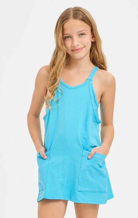Blue Aqua Relaxed Tank Dress with Built-in Romper Lining