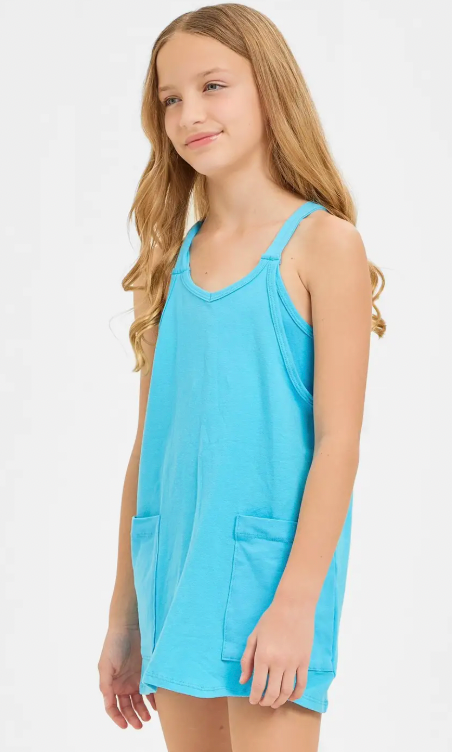Blue Aqua Relaxed Tank Dress with Built-in Romper Lining