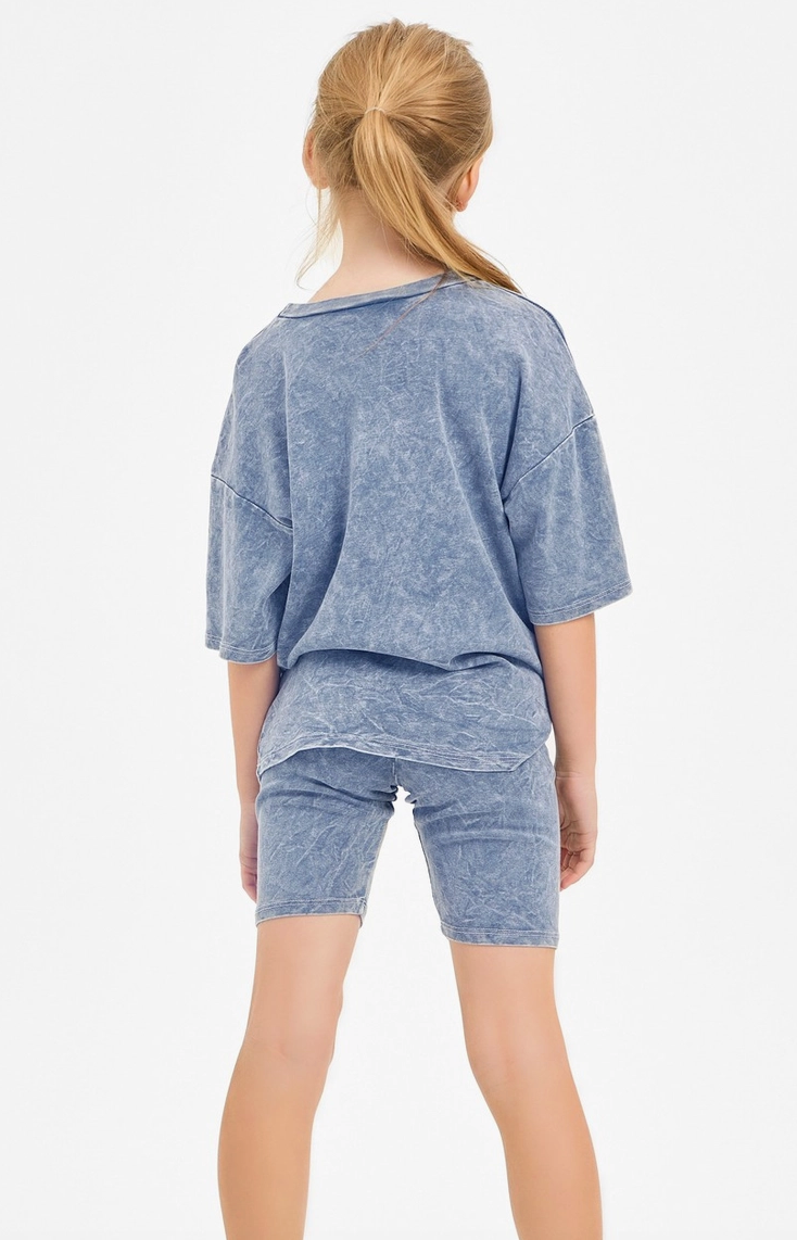 Denim Blue Mineral Washed Top and Biker Shorts Set