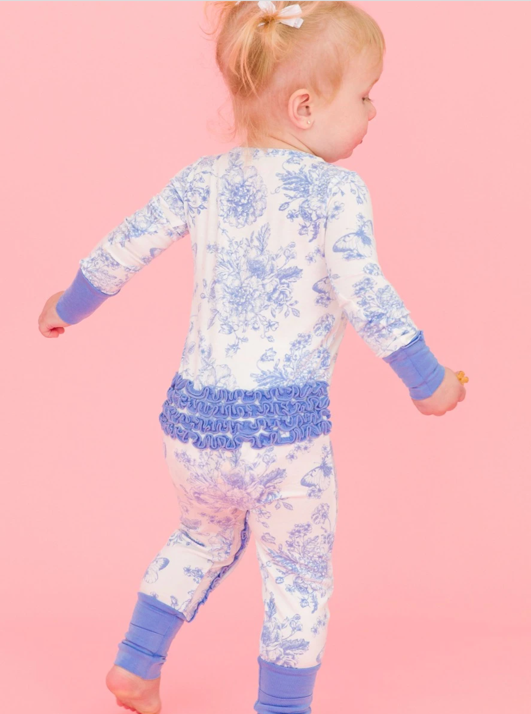 Periwinkle Blue Butterfly Garden Toile Convertible Ruffle One Piece Pajama