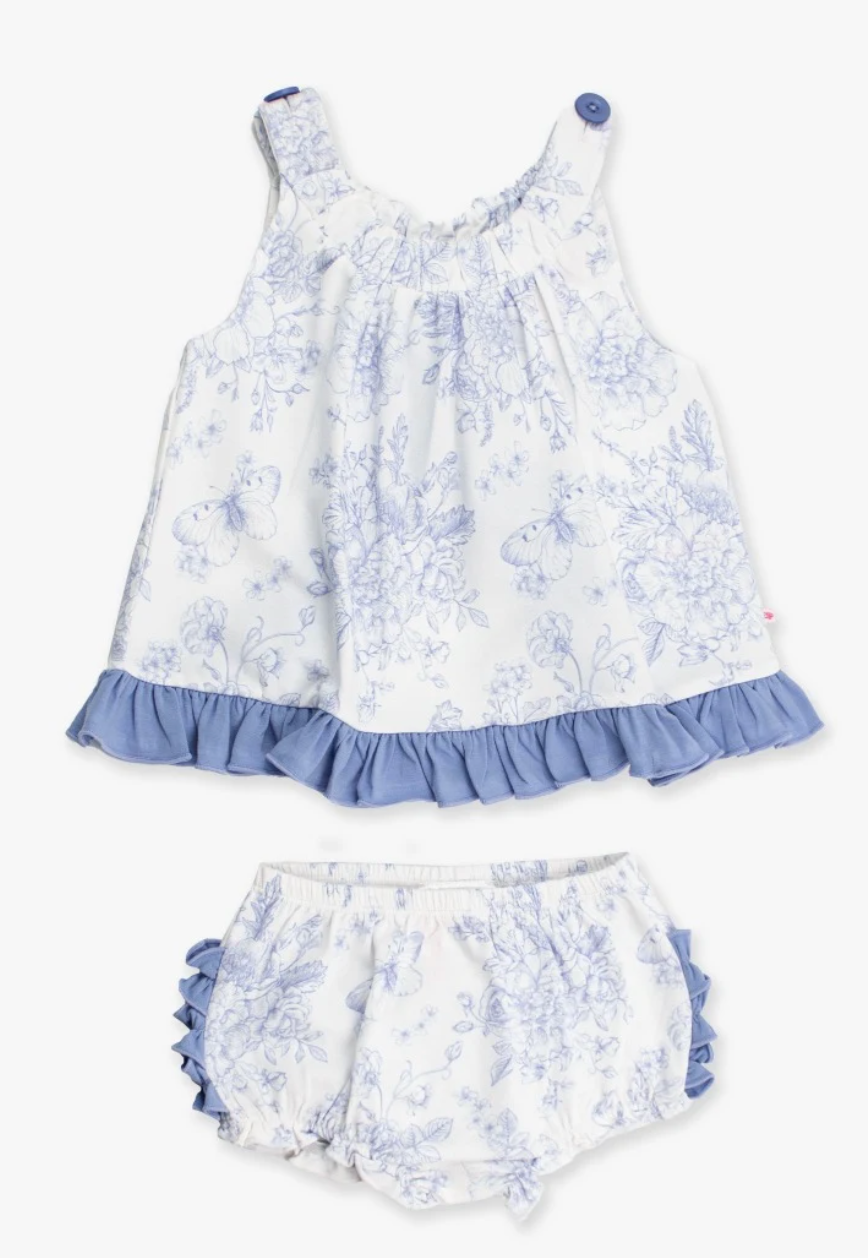 Periwinkle Blue Butterfly Garden Toile Knit Swing Top and Bloomer Set