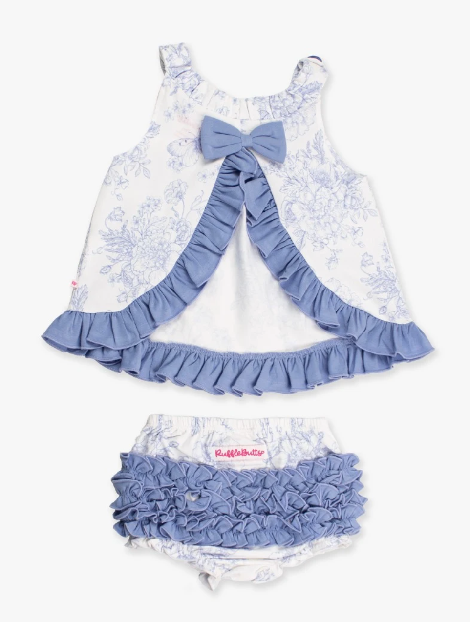 Periwinkle Blue Butterfly Garden Toile Knit Swing Top and Bloomer Set