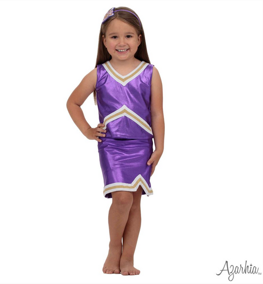 Azarhia Shimmer Cheer Suit in Purple & Gold Game Day