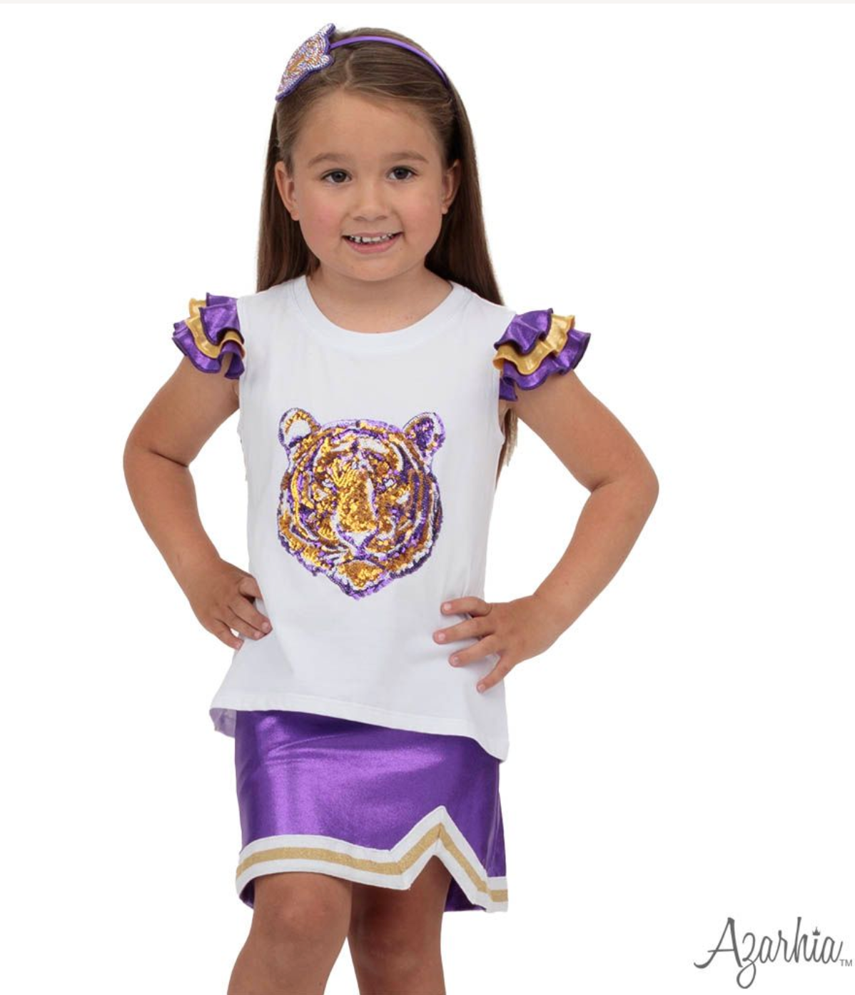 Shimmer Ruffle Sleeve Sequin Cheer in Tiger Game Day