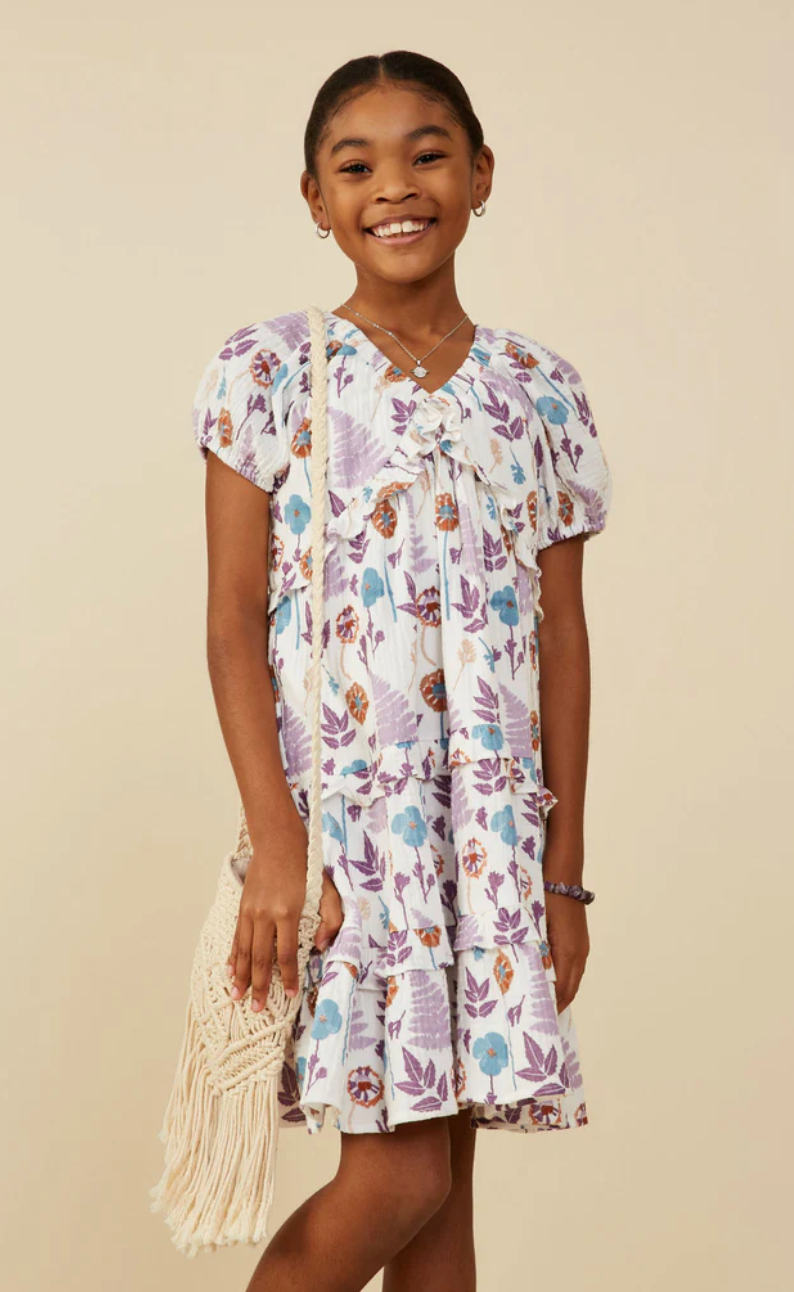 Hayden Girl Forest Print Ruffle Detail Textured Gauze Dress
