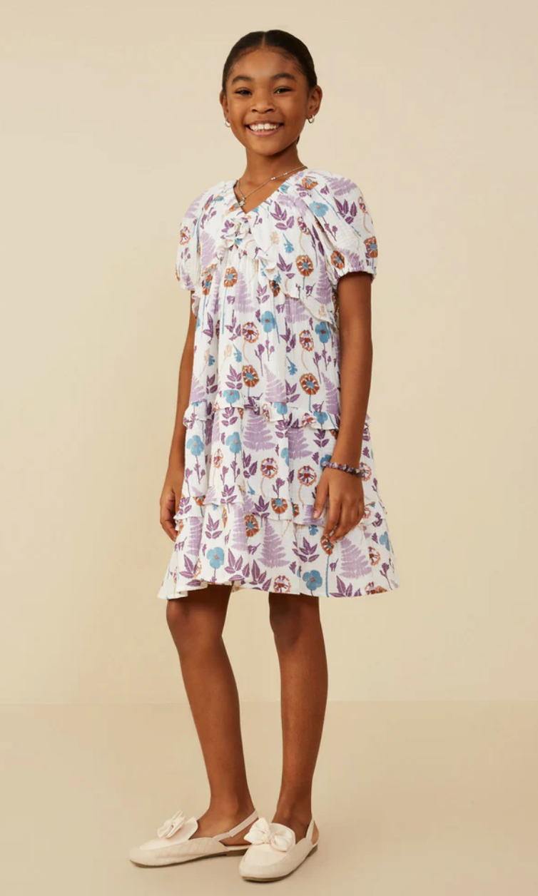 Hayden Girl Forest Print Ruffle Detail Textured Gauze Dress
