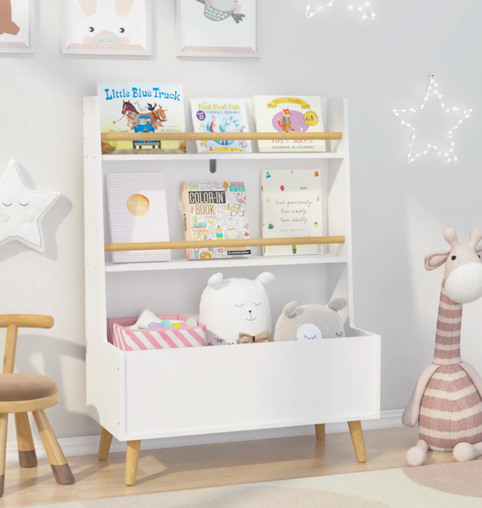 White Kids Bookshelf with Toy Storage and Book Organizer