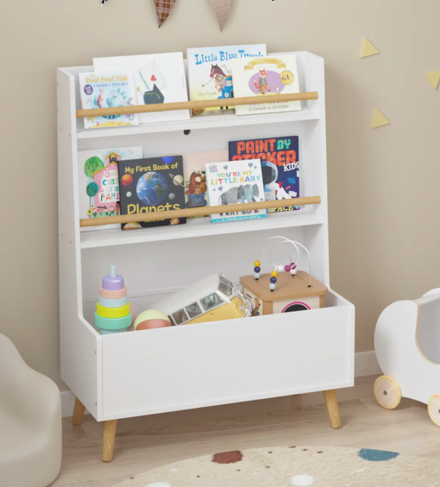 White Kids Bookshelf with Toy Storage and Book Organizer