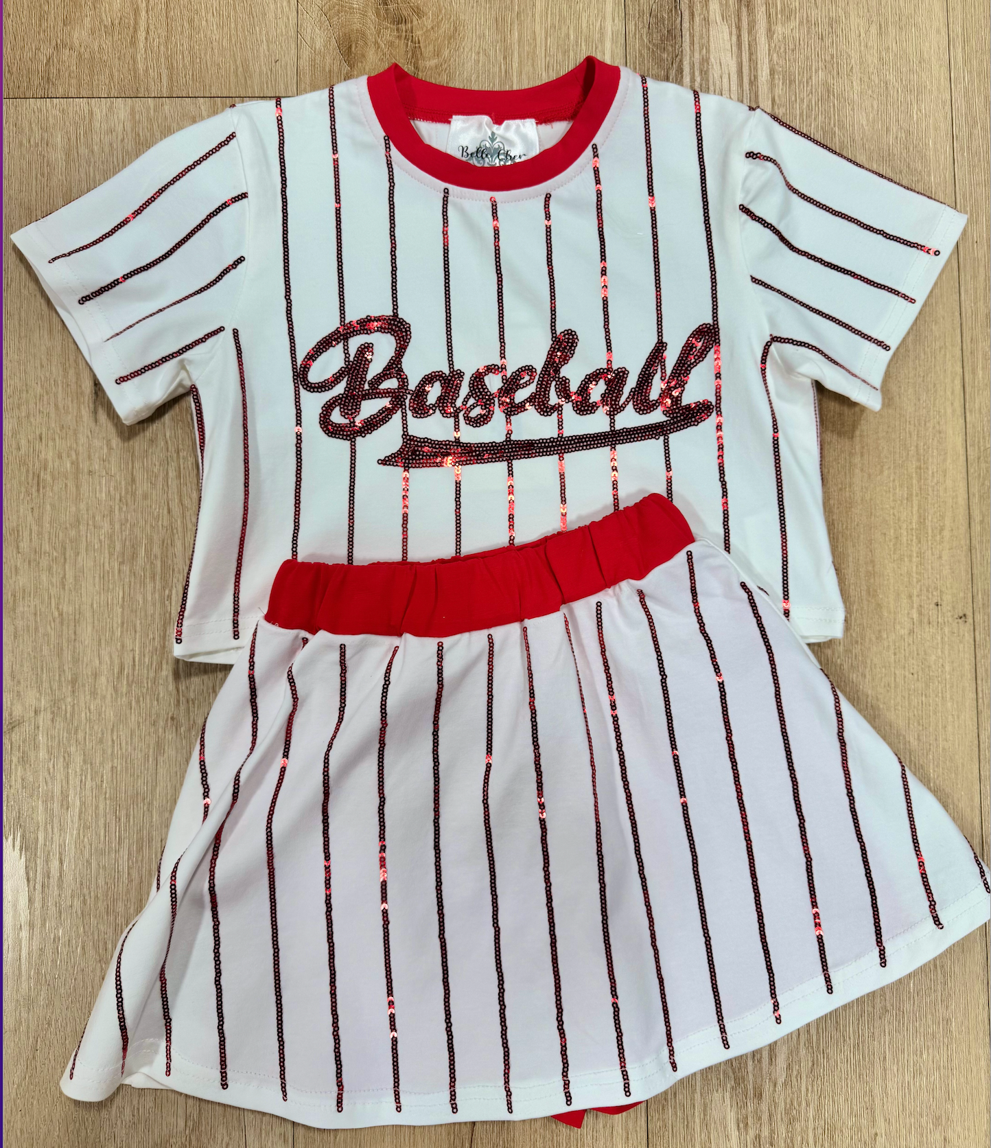 Belle Cher Baseball Red Striped Sequin Skort Set