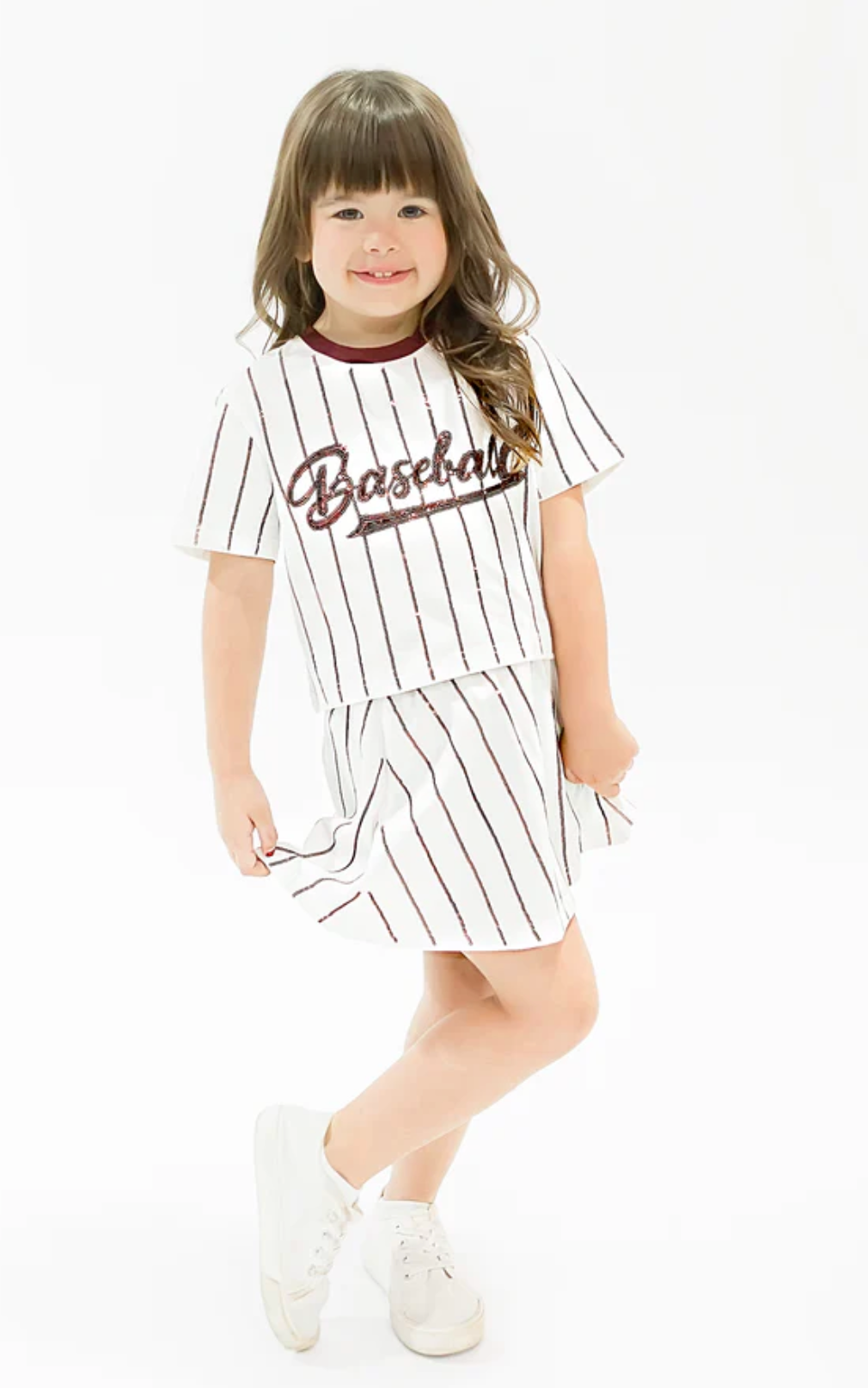 Belle Cher Baseball Maroon Striped Sequin Skort Set