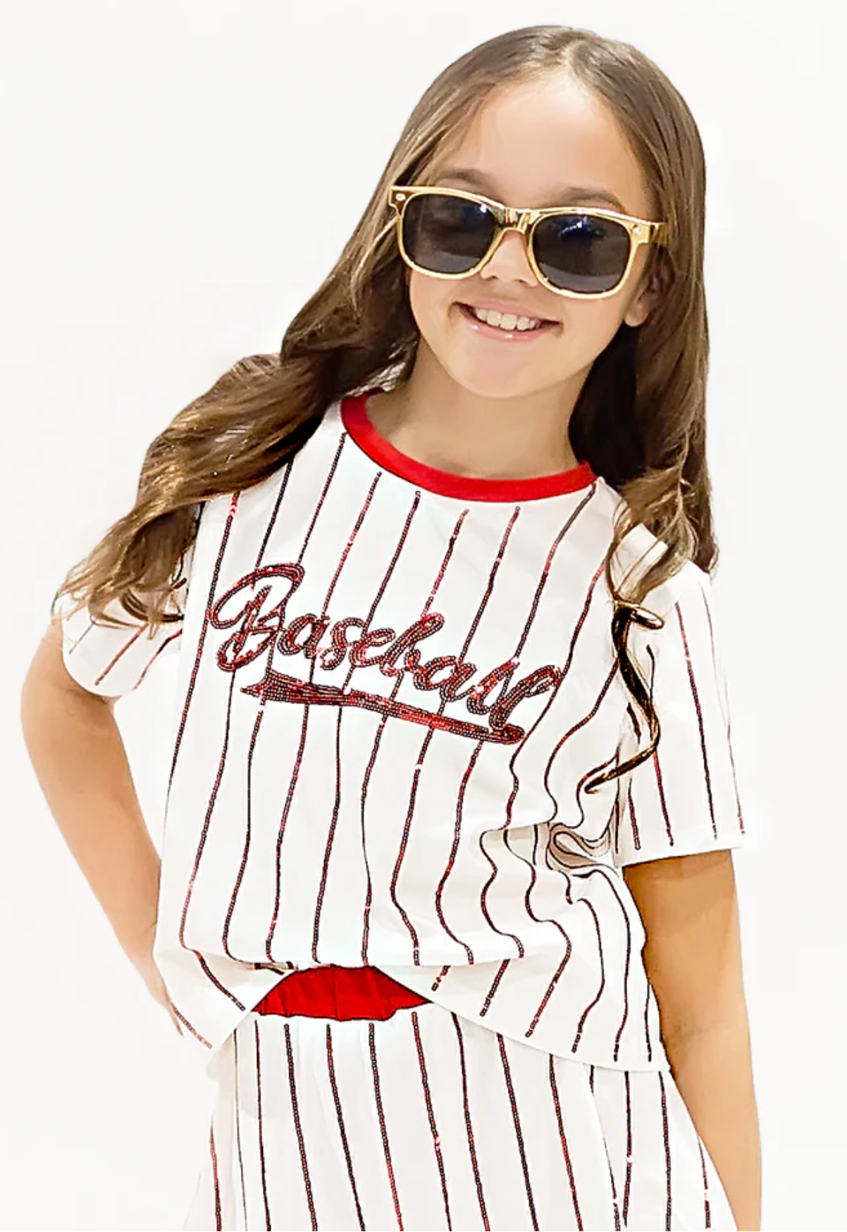 Belle Cher Baseball Red Striped Sequin Skort Set