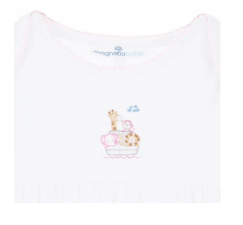 Noah's Ark Hand-Embroidered Gathered Gown - Pink