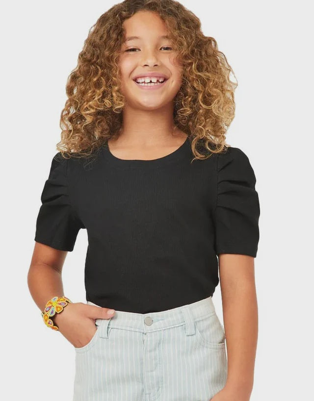 Hayden Girl Ribbed Pleated Shoulder Puff Sleeve Top - Black
