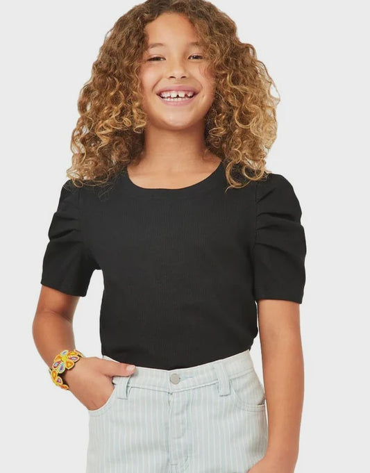 Hayden Girl Ribbed Pleated Shoulder Puff Sleeve Top - Black