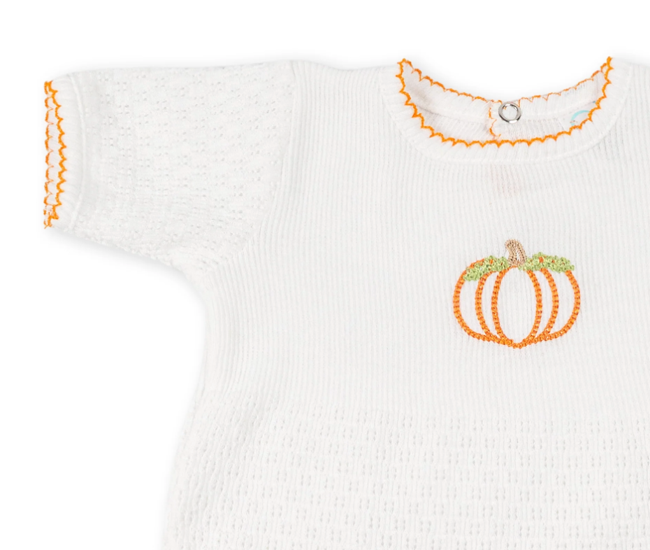 Paty Knit Short Sleeve Romper with Pumpkin Embroidery