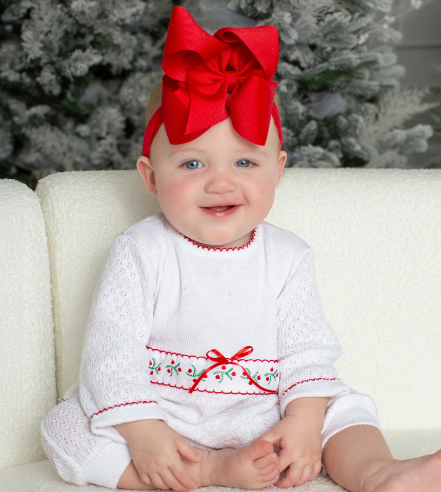Paty Knit Christmas Romper with Swiss Pine Trim