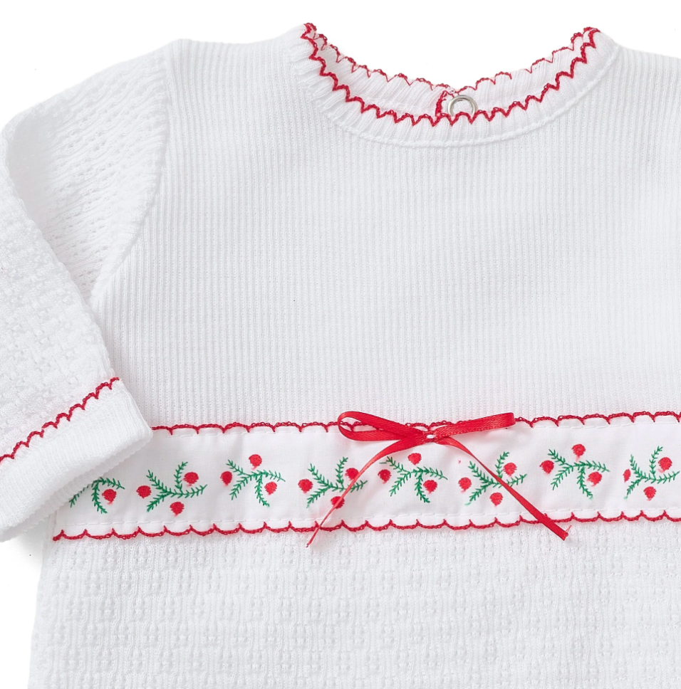 Paty Knit Christmas Romper with Swiss Pine Trim