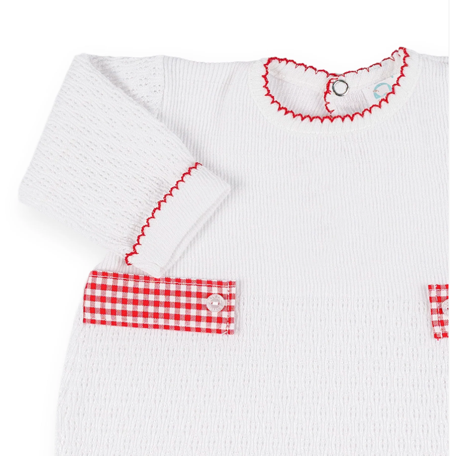Paty Knit Long Sleeve Romper with Gingham Tabs
