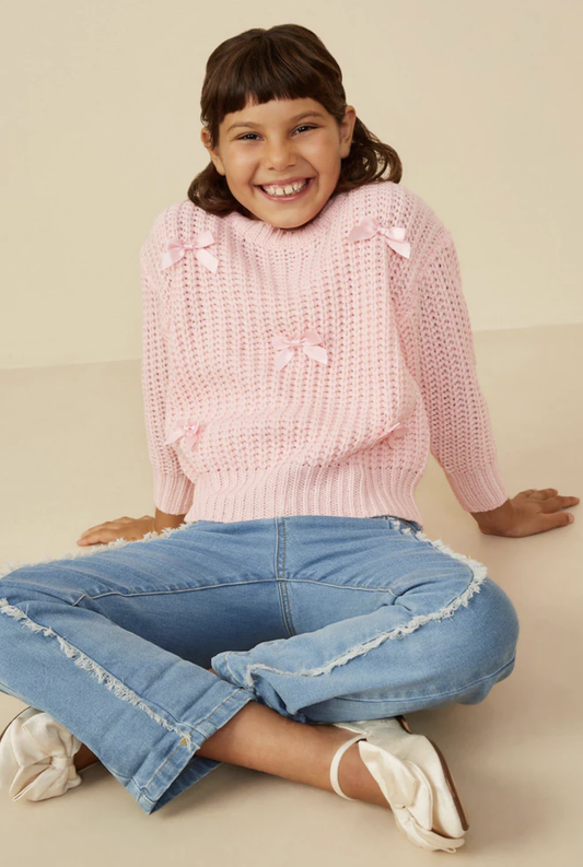 Hayden Girls Low Gauge Bow Detail Pink Sweater