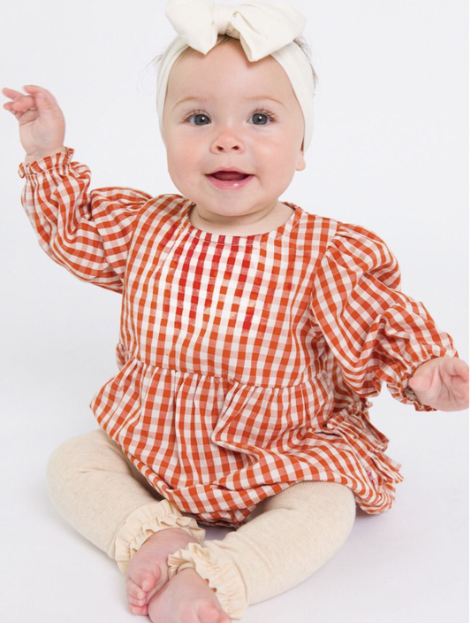 RuffleButts Classic Rust Gingham L/S Bubble