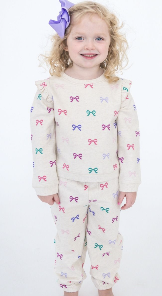 RuffleButts Heather Oatmeal Ribbons Jogger Set