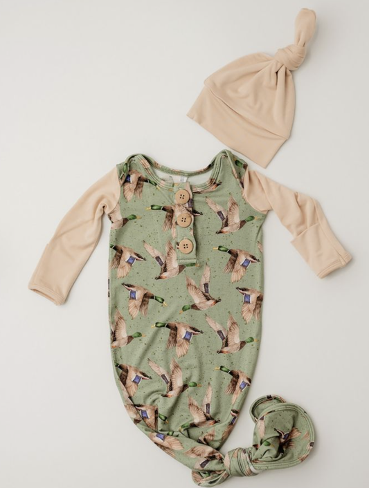 RR Mallard Skies Knot Gown & Hat - NB