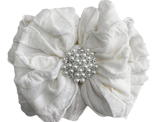 Ruffled Headband with Pearls - Ivory
