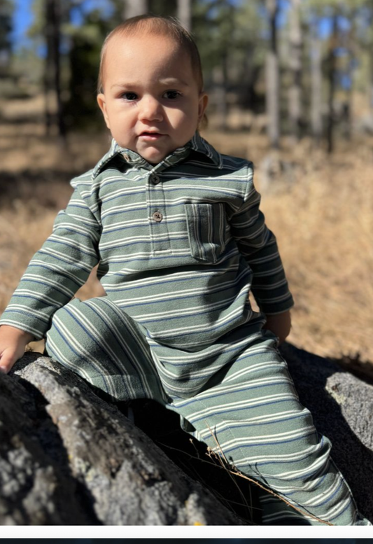 Me & Henry Green Striped Polo Romper