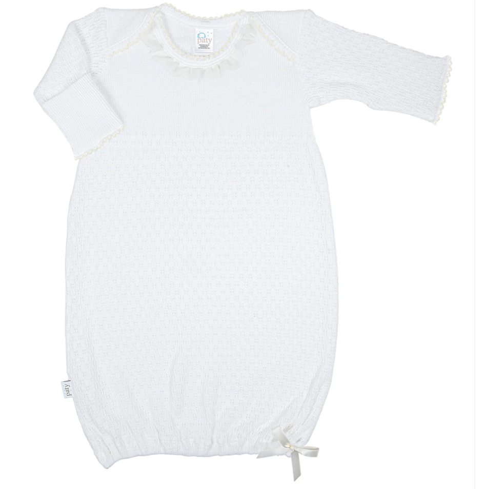 Paty Knit L/S Lap Should Gown w/Chiffon Trim - Ivory