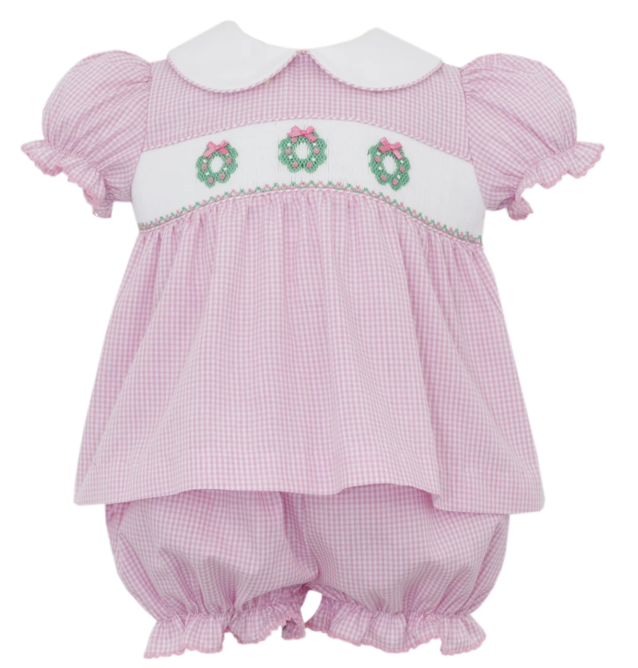 Petit Bebe Pink Wreaths Pink gingham bloomer set