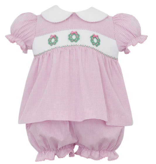 Petit Bebe Pink Wreaths Pink gingham bloomer set