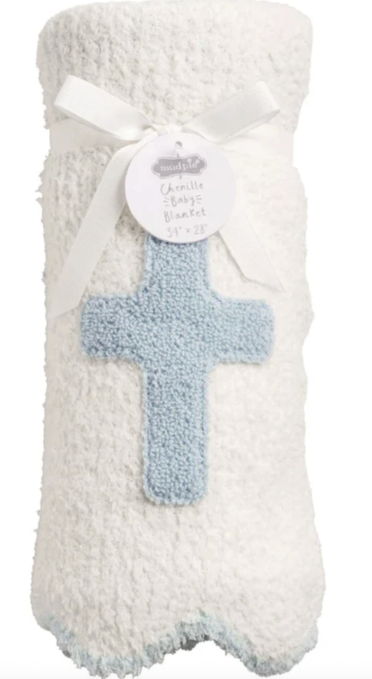 Mud Pie Blue Chenille Cross Blanket