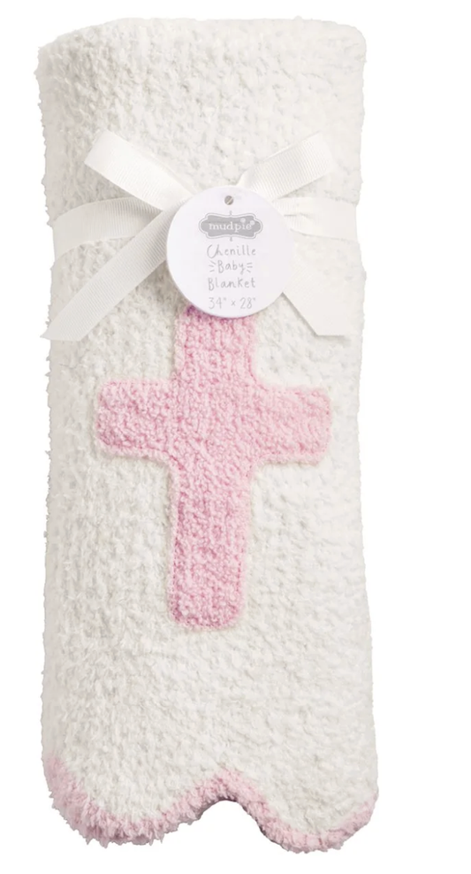 Mud Pie Pink Chenille Cross Blanket