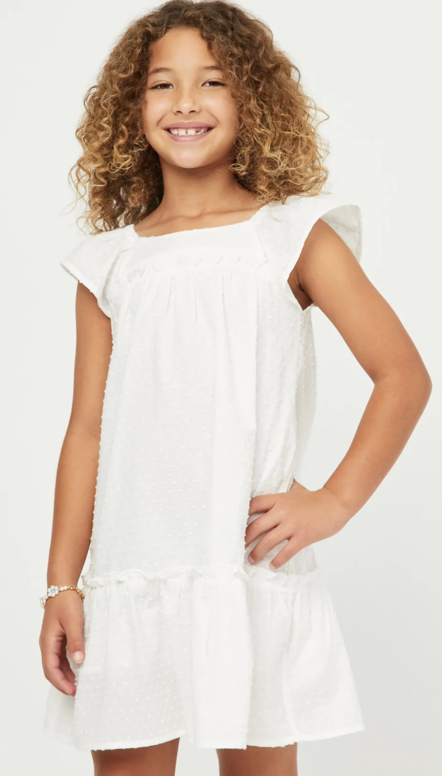 Hayden Girl Swiss Dot White Ruffle Shoulder Dress