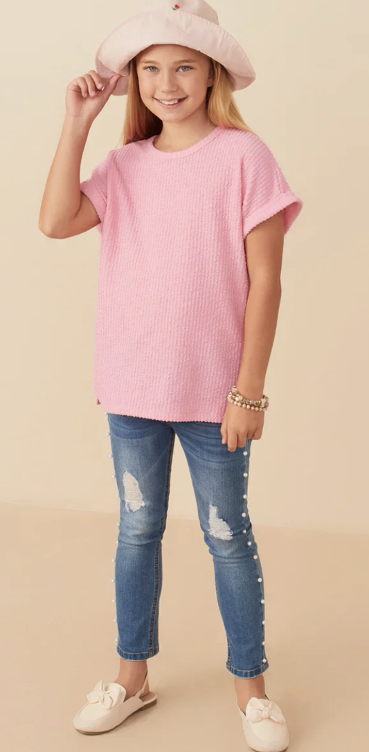 Hayden Girl Textured Rib Kit T-Shirt - pink