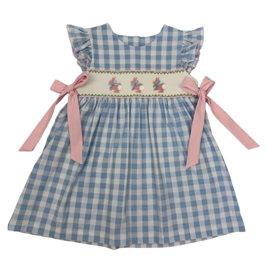 Delaney Blue Check Smocked Bunny Dress