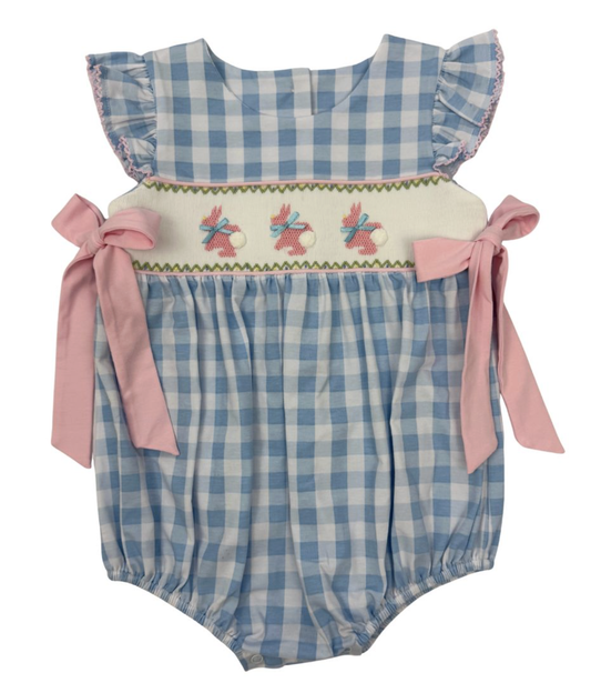 Delaney Blue Check Smocked Bunny Bubble