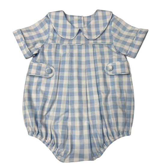 Delaney Blue Checked Piped Tab Short Romper