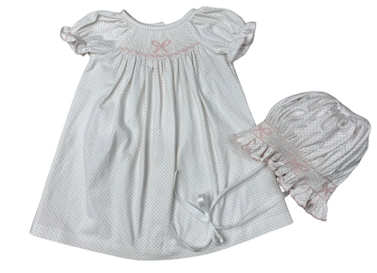 Delaney White Polka Dot Smocked Day Gown & Bonnet