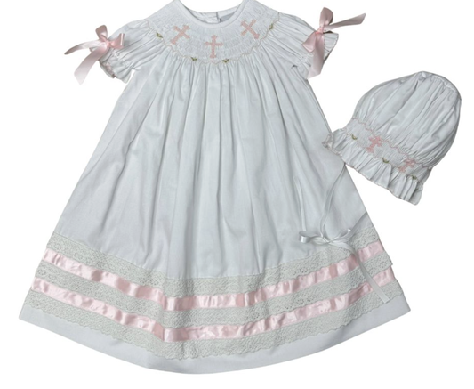 Delaney White Smocked Day Gown with Pink Cross