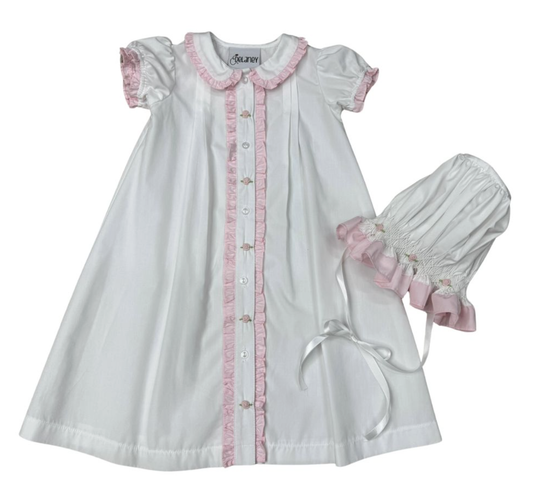 Delaney SS White Double Ruffle Day Gown & Bonnet (NB)