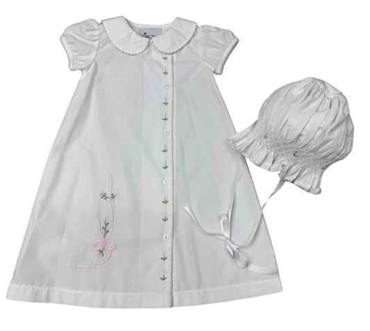 Delaney Front Button Pink Picot Day Gown & Bonnet (NB)