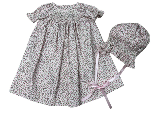 Delaney Pink Rose Print Smocked Day Gown w/Bonnet