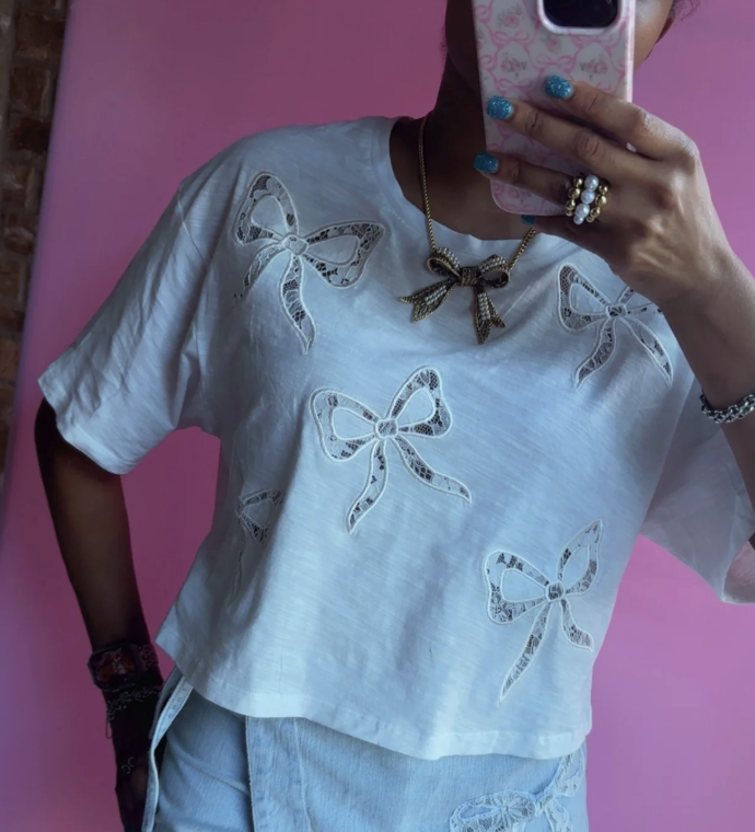 Peach Love White Bow Lace Laser Cut Cropped Tee