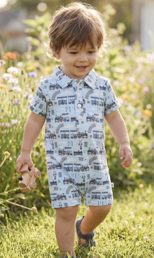 Sweet Bamboo Polo Romper - Choo Choo